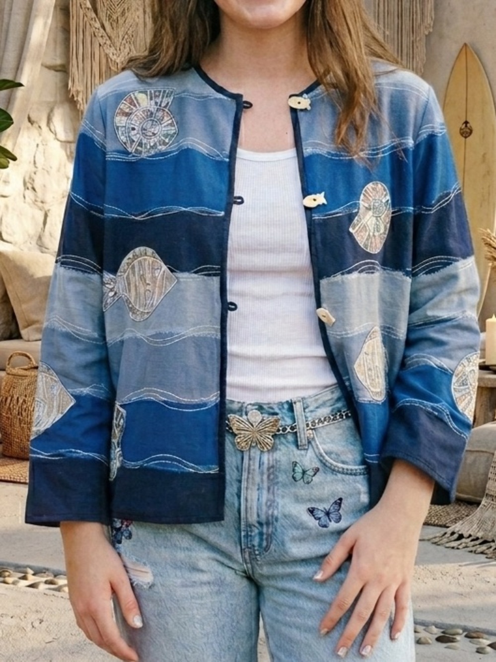 Allure Coastal Embroidered Seaside Raw Seam Lined Jacket M